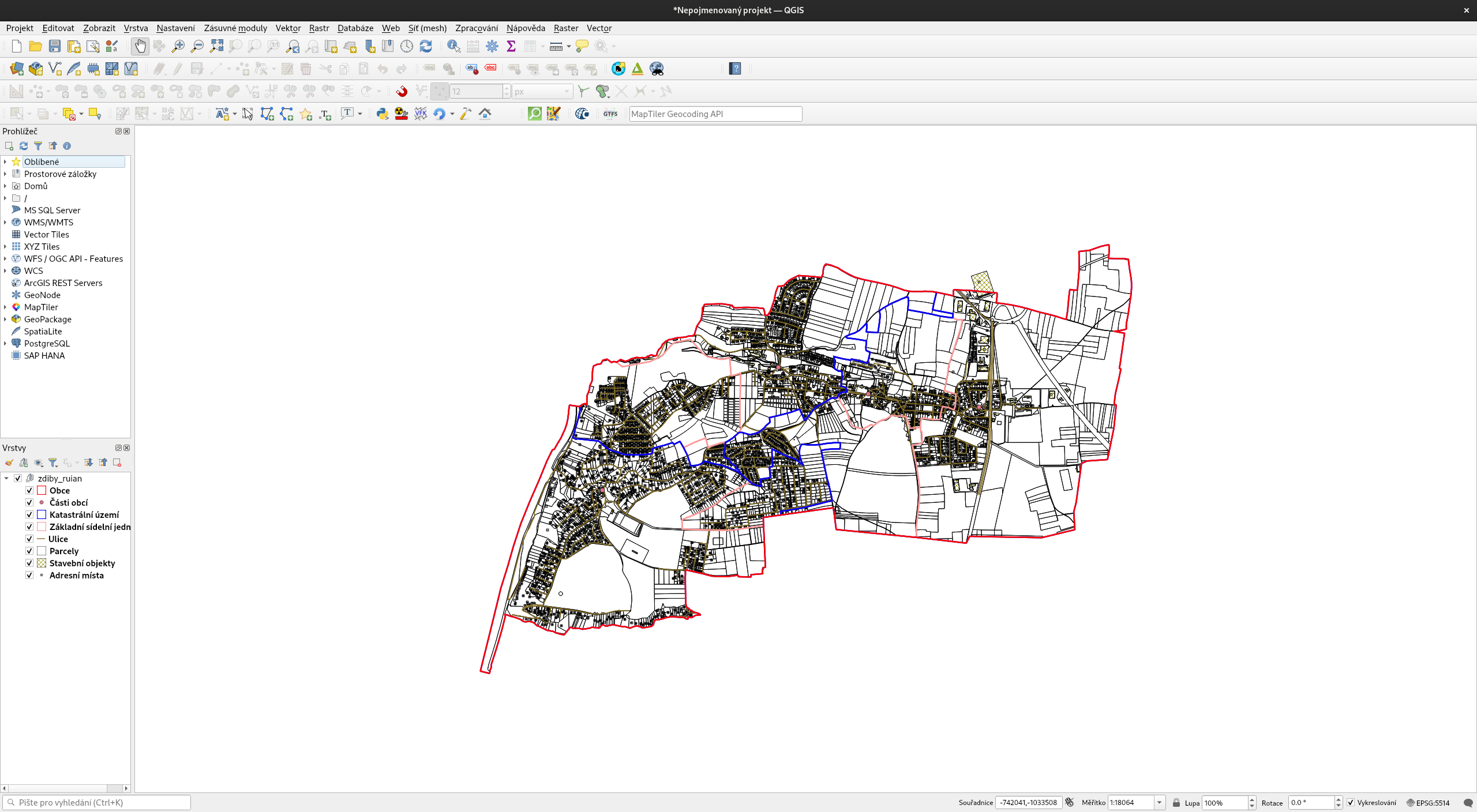 Stažená data přidaná do QGIS projektu