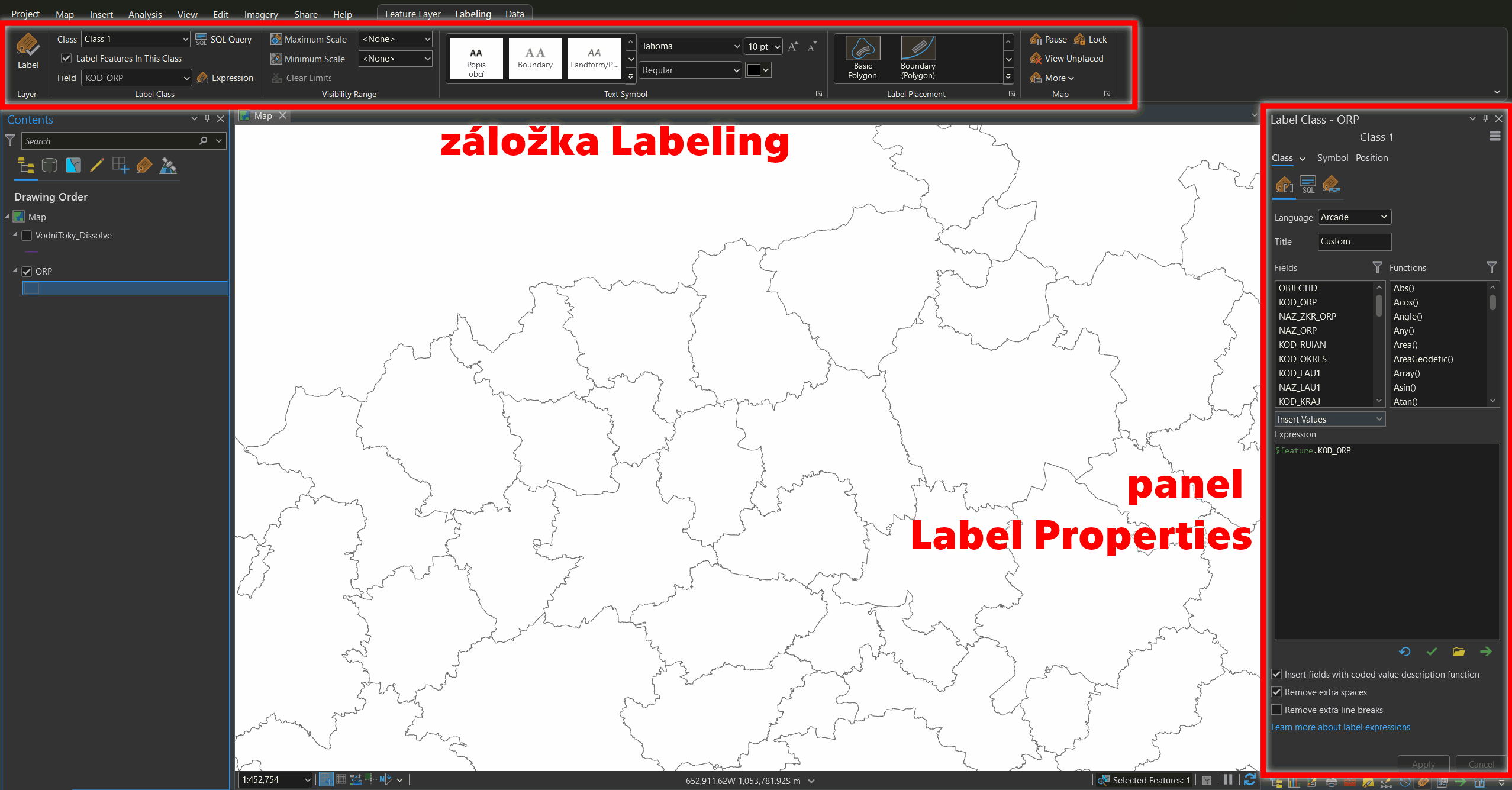 Rozložení popisovacích funkcí v programu Labeling