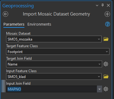 Nastavení funkce Import Mosaic Dataset Geometry import_footprint