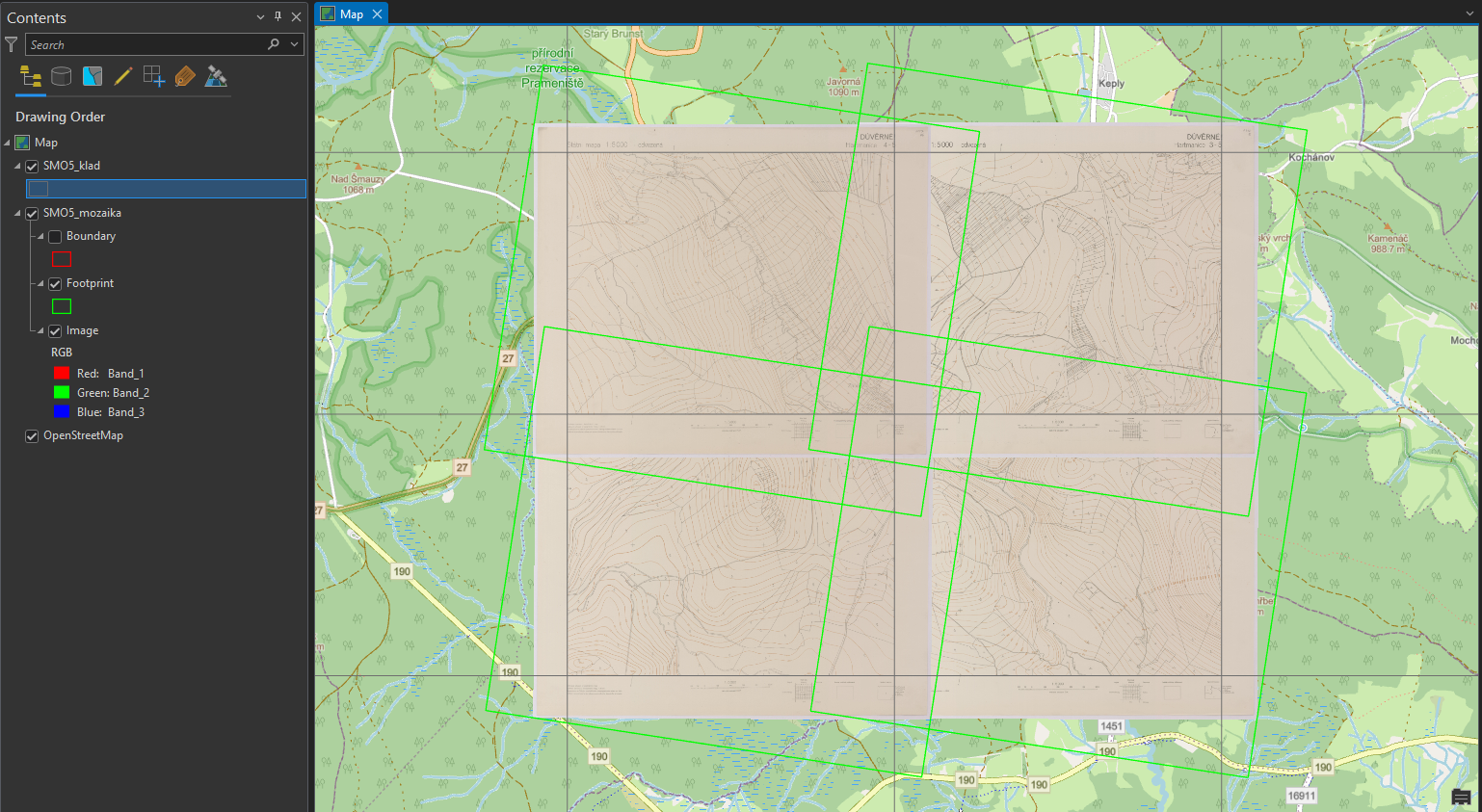 Mozaika a klad mapových listů v mapovém okně klad